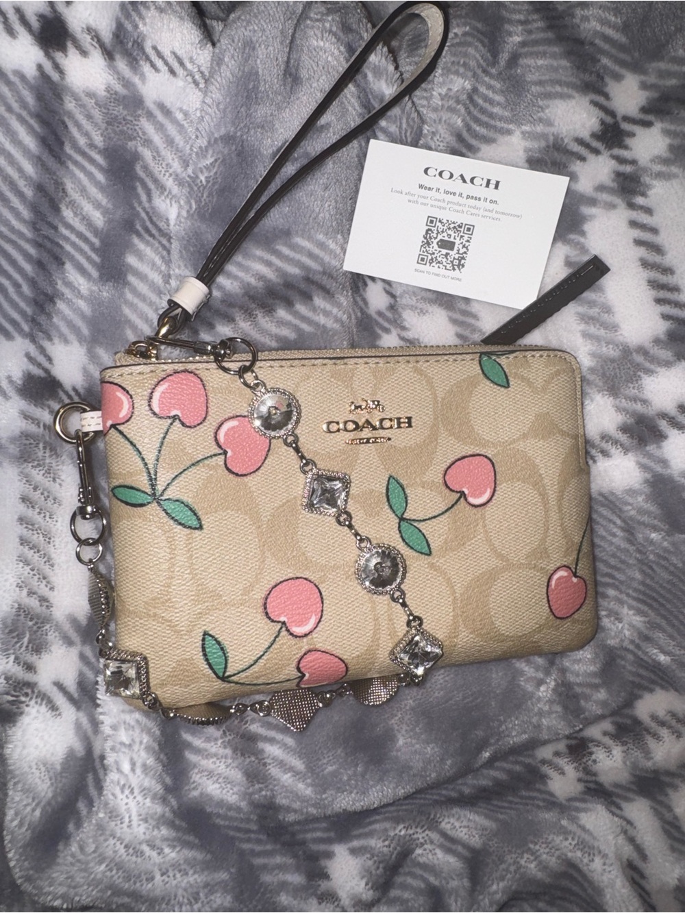 COACH Beige Signature Cherry Print Wristlet with Pink Accents
